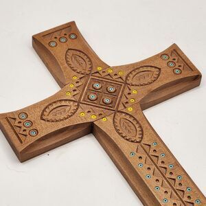 Ukrainian Hutsul Carved Wood Wall Crucifix Cross Decorative Blue Yellow Beads 8"